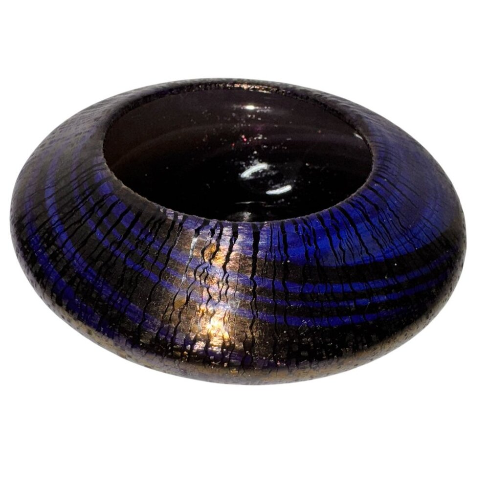 Hand Blown Artist Signed Glass Bowl Iridescent Blue peacock Rogers ?
